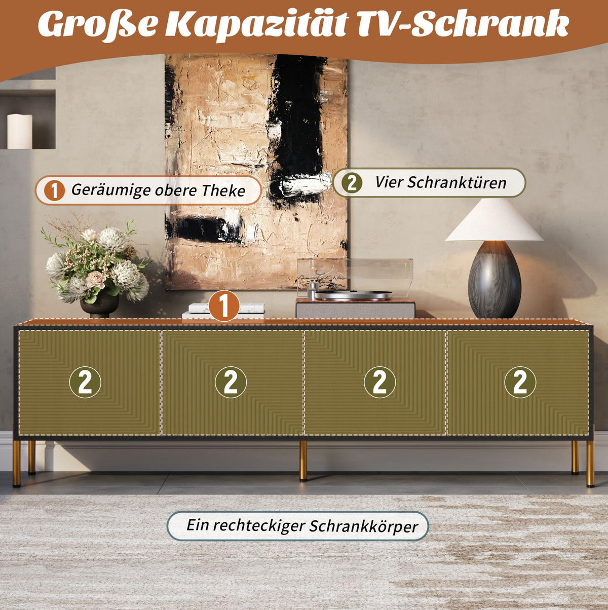 TV ormarić 179/35/53,5 cm crno-prirodni od iverice s 4 vrata i zlatnim metalnim nogama - svijetlo smeđa, drvni materijal (179/53.5/35cm) - OKWISH