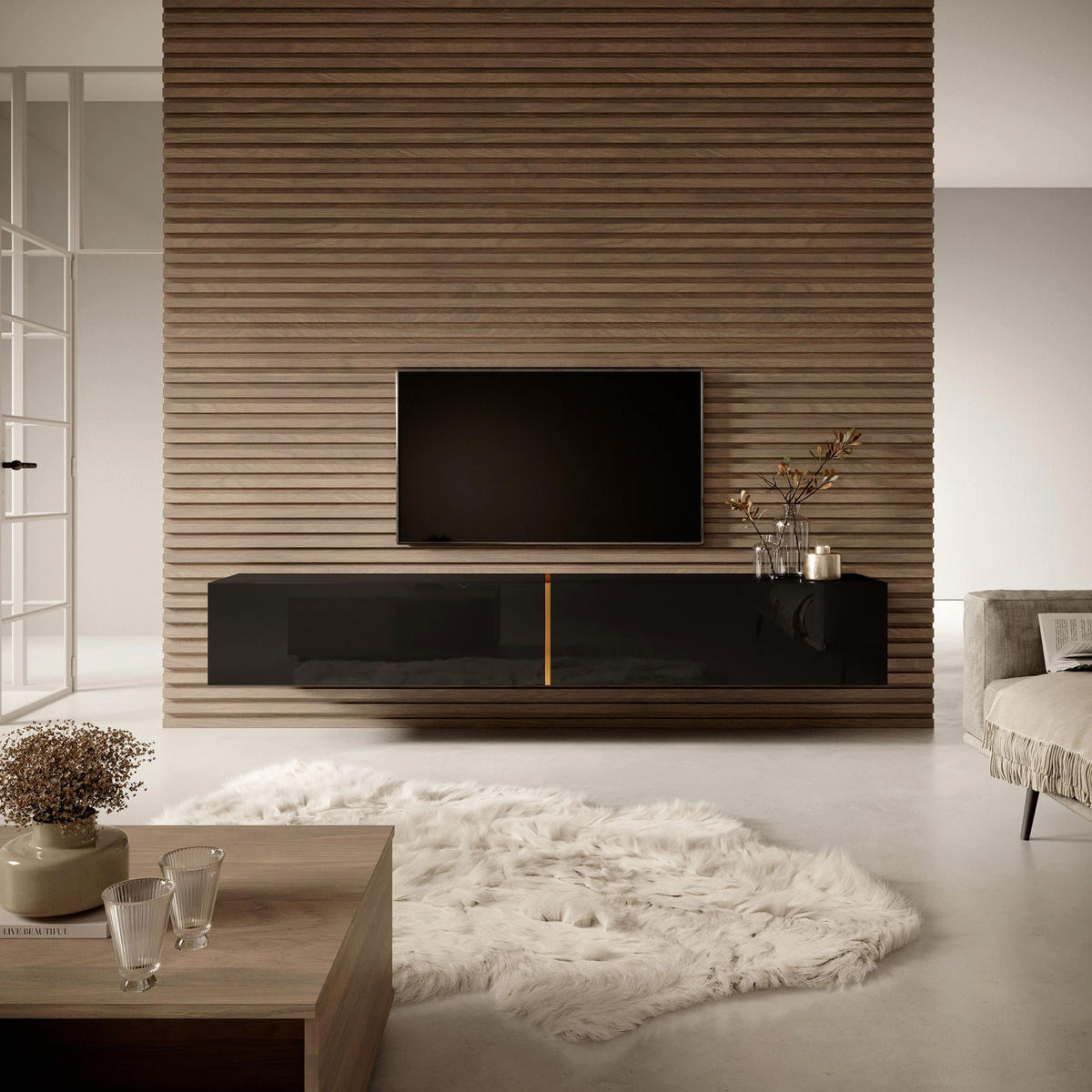 TV-LOWBOARD Bisira Schwarz / Gold 200/30/32 cm - Schwarz, Holzwerkstoff (200/30/31.6cm) - Selsey