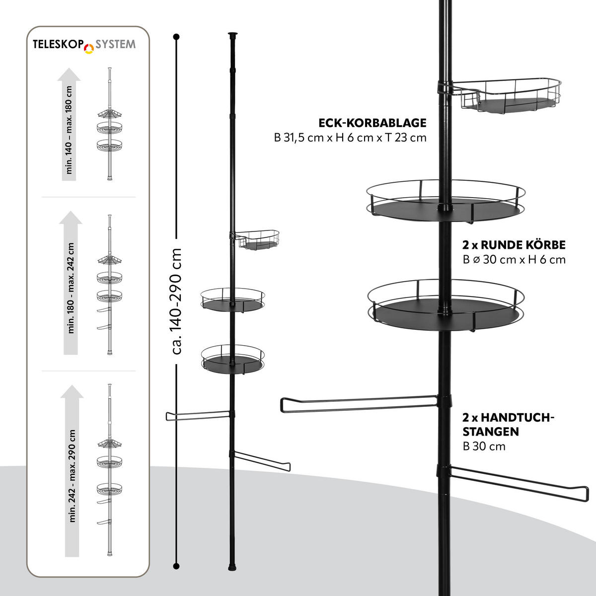 TELESKOP-KÜCHENREGAL, ausziehbar bis max. 290 cm, Metall, schwarz - Schwarz, Metall (31.5/290/31.5cm) - bremermann