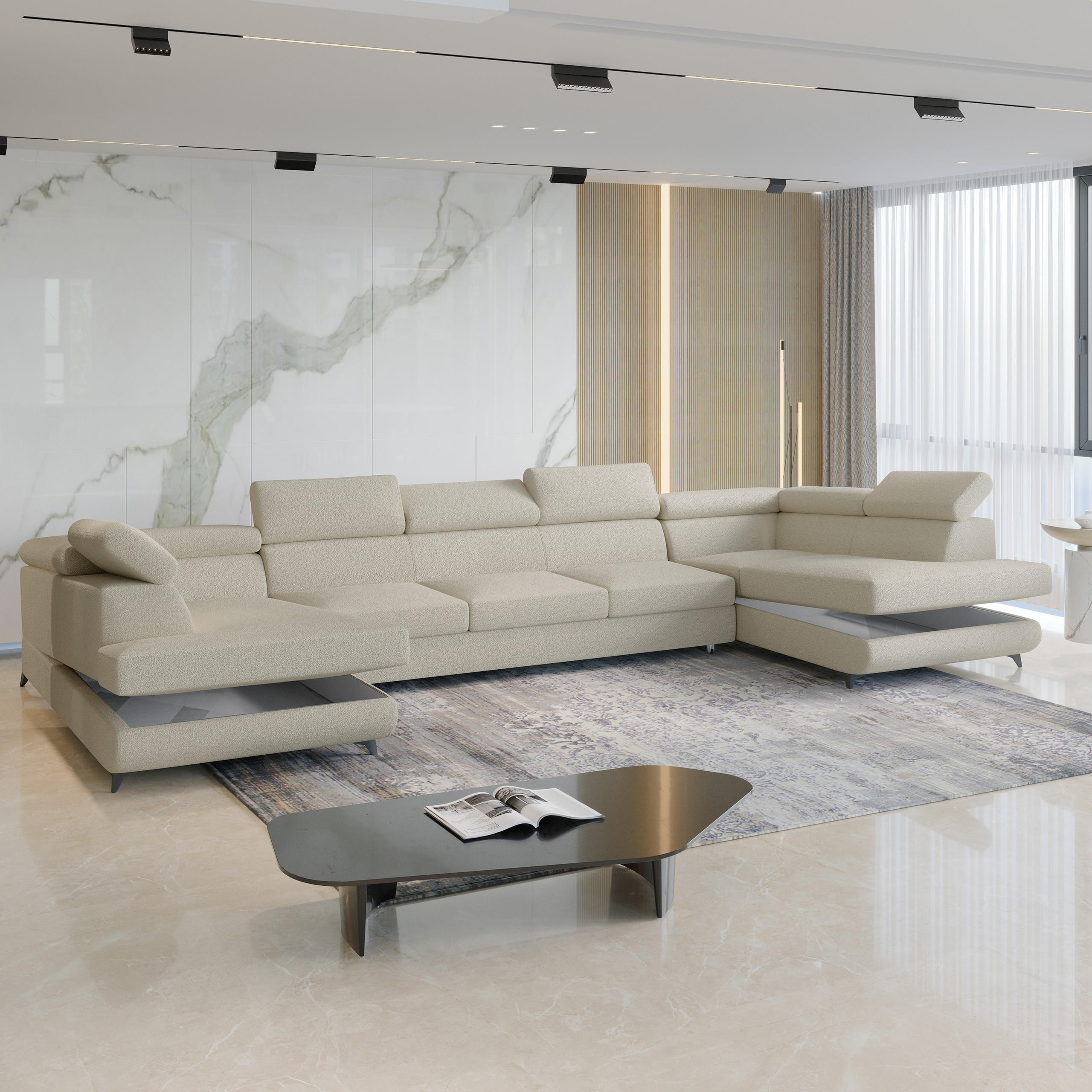 WOHNLANDSCHAFT URMANO Creme Boucle-Stoff mit Schlaffunktion - Creme, Holz (395/89/190cm) - MASSENO