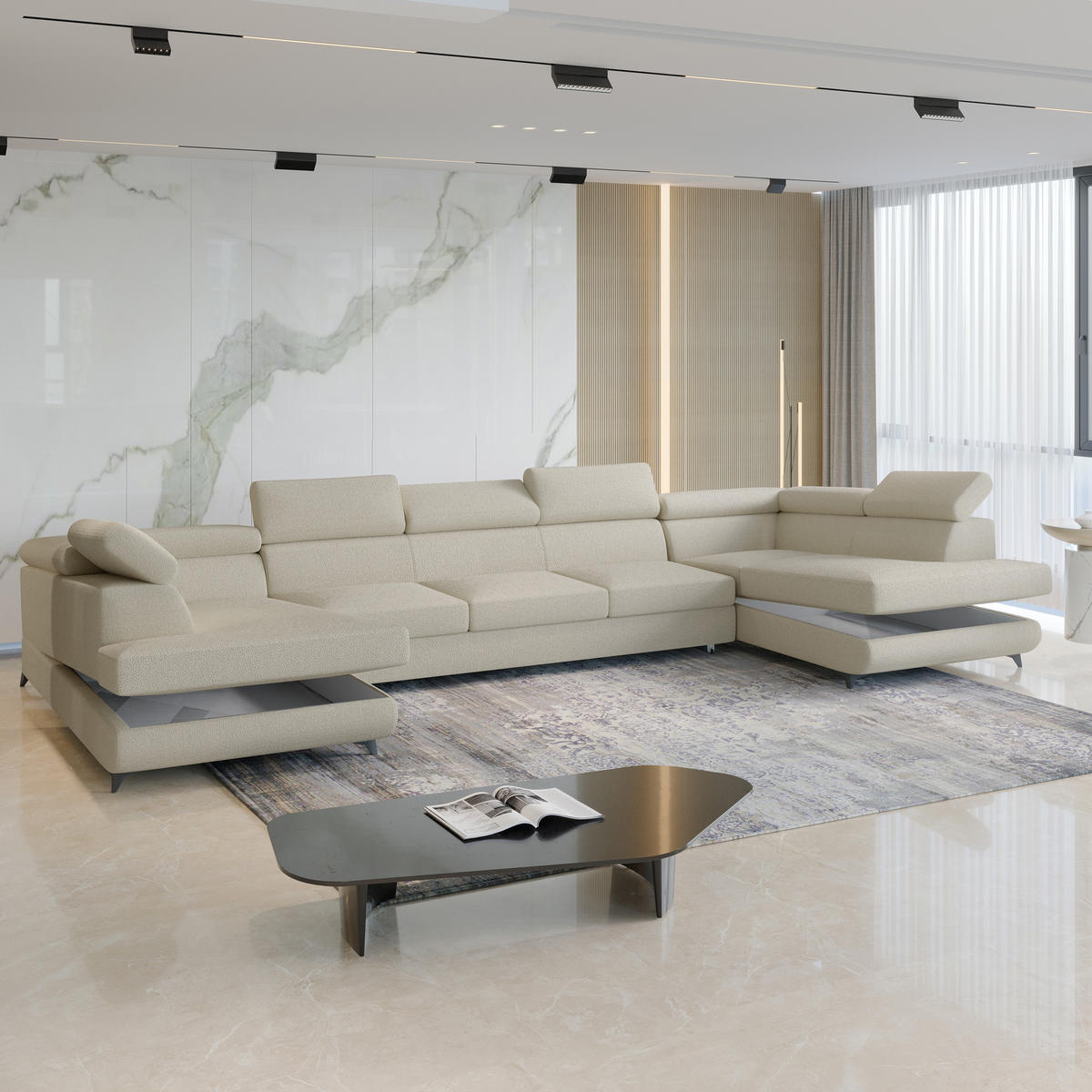 WOHNLANDSCHAFT URMANO Creme Boucle-Stoff mit Schlaffunktion - Creme, Holz (395/89/190cm) - MASSENO