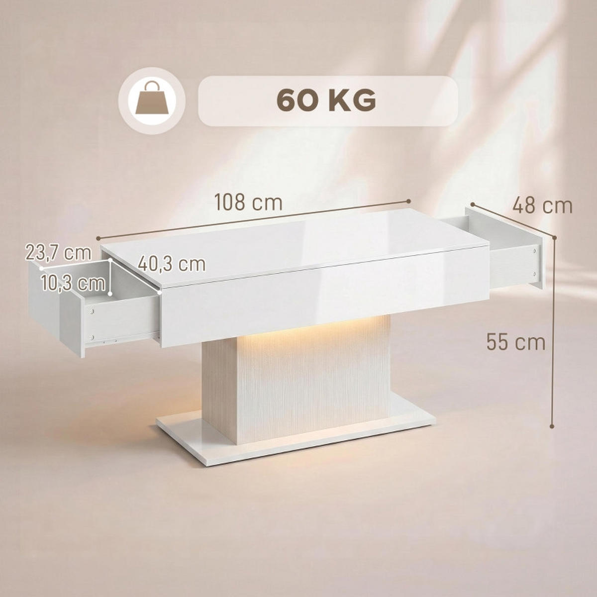 COUCHTISCH DE-37204 mit LED und 2 Schubladen Weiß - Weiß, Holzwerkstoff (108/48/55cm) - ComfortXL