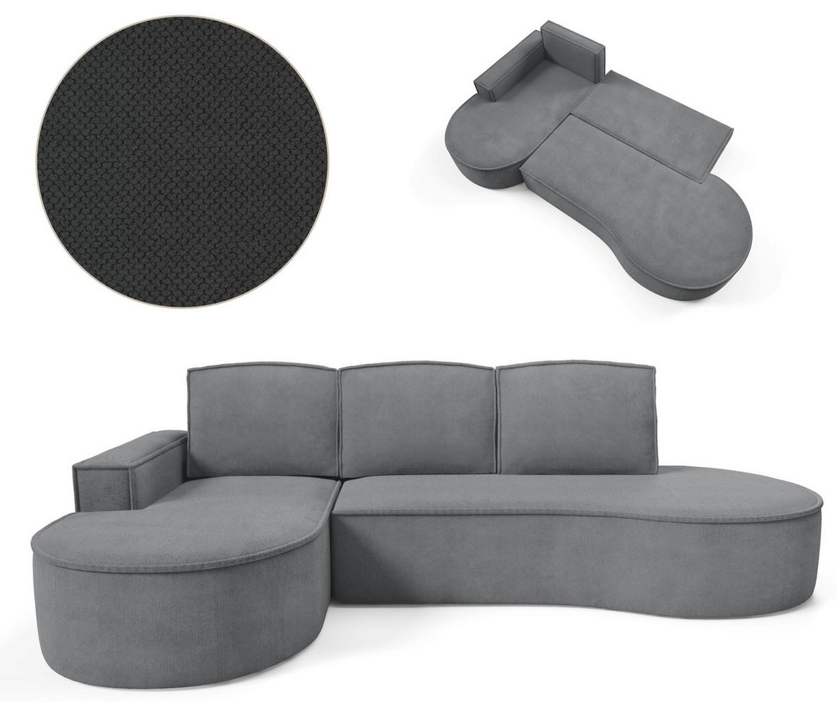 ECKSOFA MOLLY mit Schlaffunktion – Halbrund, freistehend, Liegefläche 140x207 cm, 3 Kissen, Abriamo-Stoff, 277x157x88 cm, Links Grau - Grau, Holz/Textil (157/277cm) - DomoHome