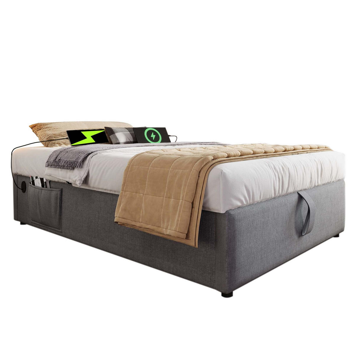 POLSTERBETT 90/200 cm mit Bettkasten und USB-C, ohne Kopfteil - Grau, Textil (90/200cm) - BEAOK