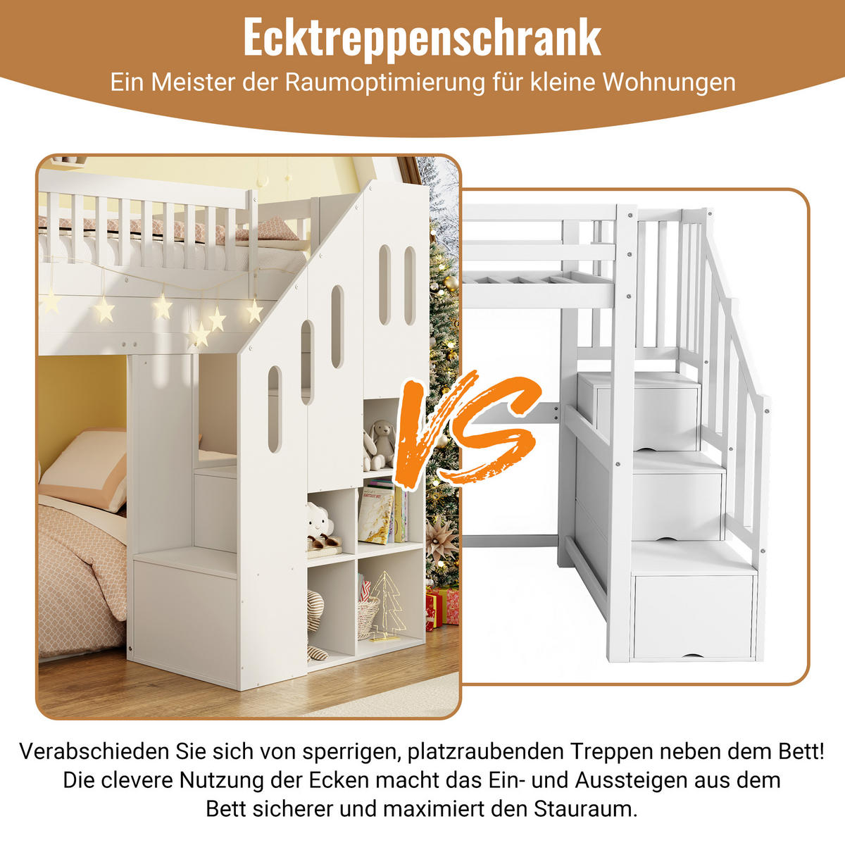 HOCHBETT 90/200 cm in Weiß mit Rutsche, Stauraumtreppe und LED - Weiß, Holz/Holzwerkstoff (90/200cm) - WISHDOR
