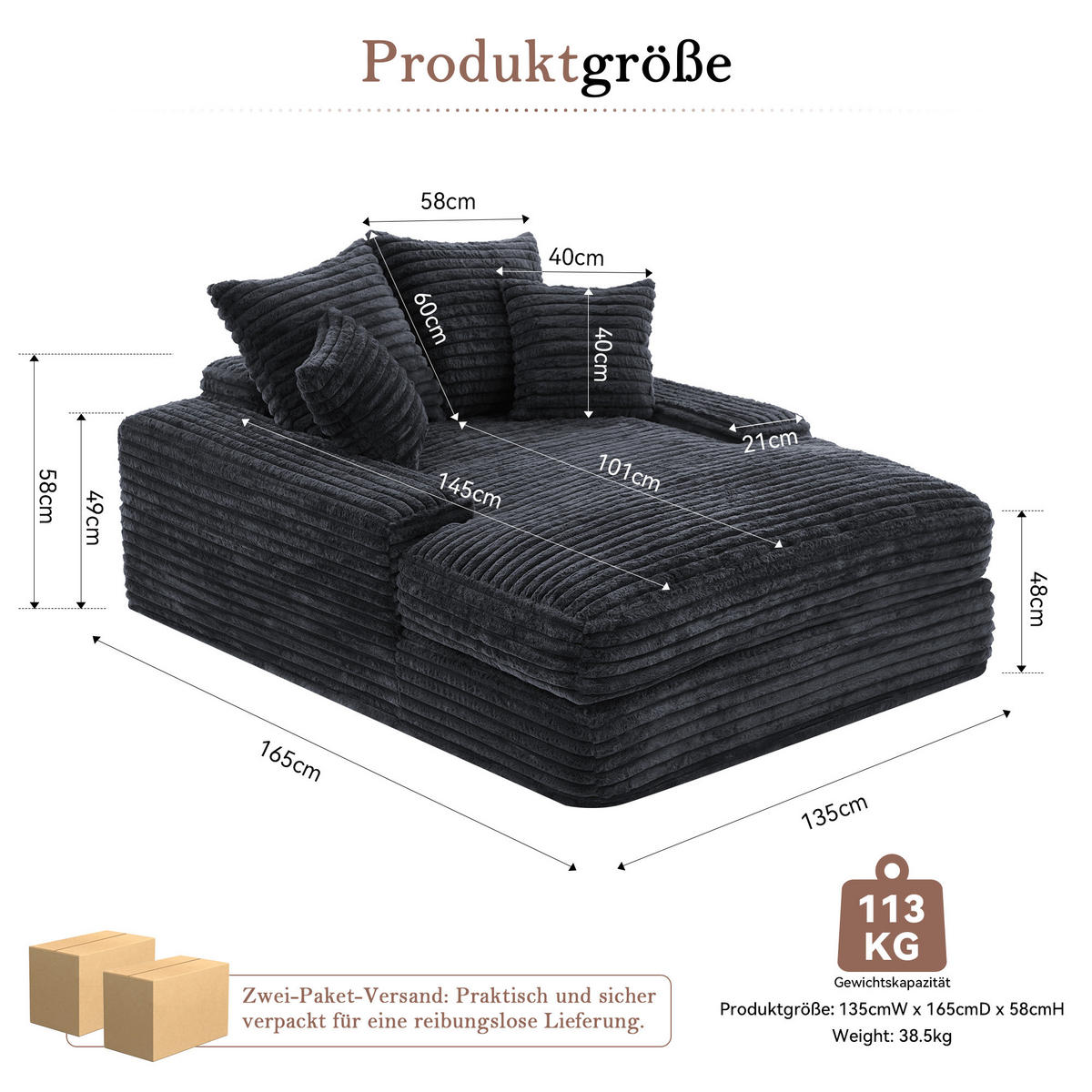 2-SITZER SOFA Cord Grau mit 4 Kissen - Grau, Textil (165/58/135cm) - WISHDOR