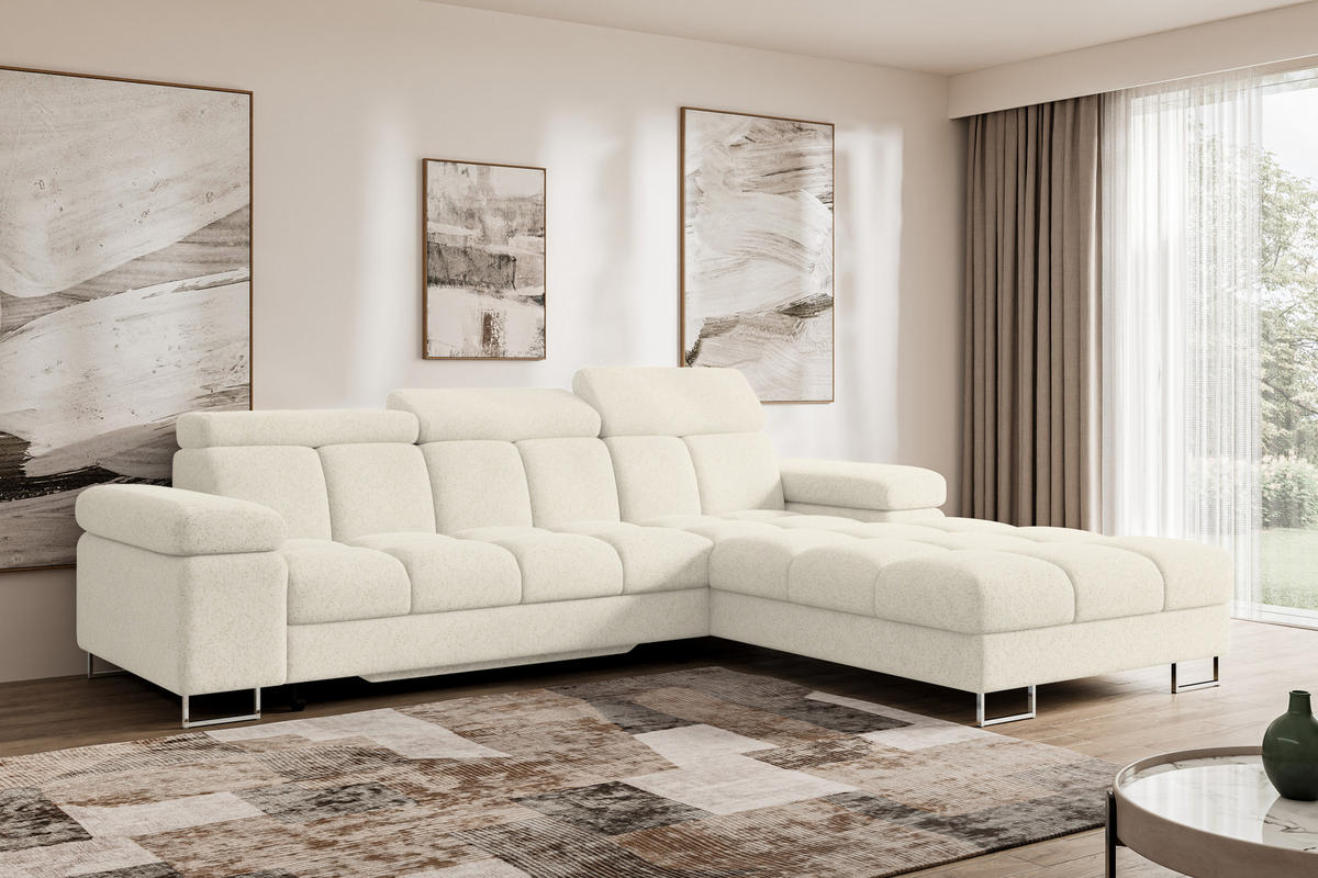 ECKSOFA mit Schlaffunktion Ottomane Rechts COMA L 271x203x79 Creme Tissu - Creme, Holzwerkstoff/Textil (203/271cm) - ALTDECOR