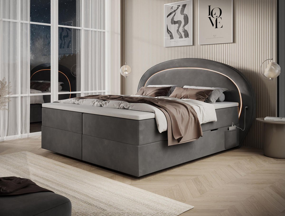 BOXBETT Nova 1 grau 200/200 cm mit LED H3 - Grau, Textil (200/200cm) - wonello