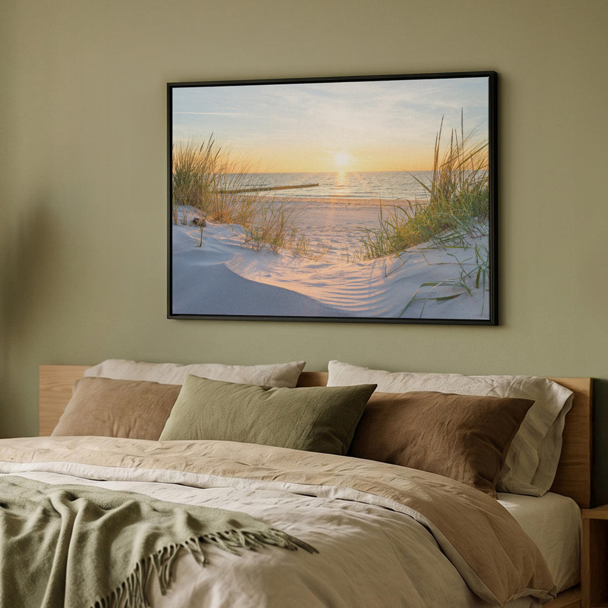 LEINWAND Bilder mit Rahmen - Strand - Sonne - Düne - Gras - Sand - Horizont - 100x70 - Hellblau, Textil (100/70cm) - MuchoWow