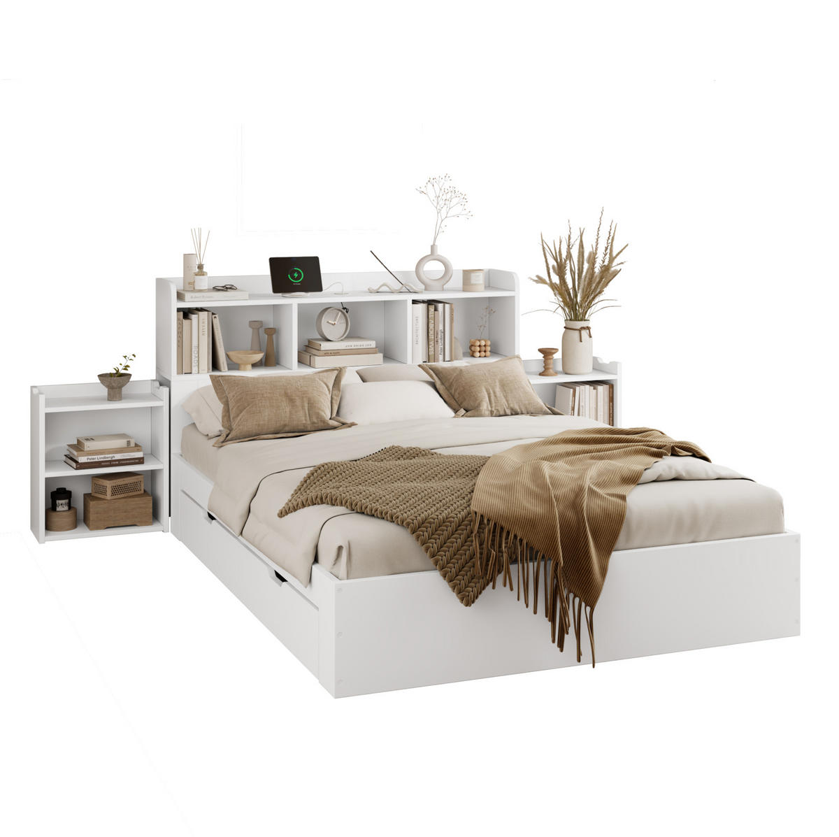 DOPPELBETT aus MDF 140x200 cm Weiß mit 4 Schubladen, ausziehbarem Nachttisch, Ablagefächern und Ladefunktion - Weiß, Holzwerkstoff (90/200cm) - Modfu