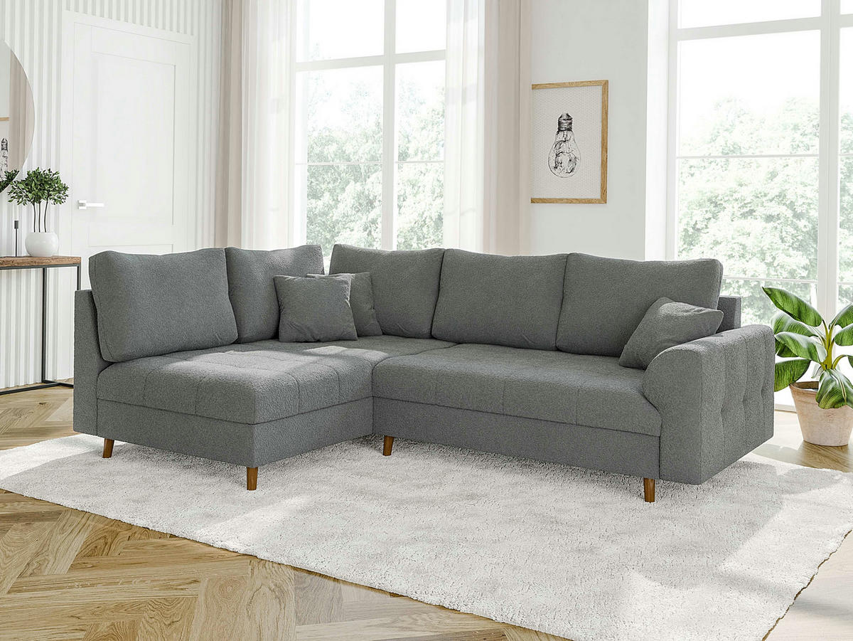 ECKSOFA Henrik Grau Boucle - Ottomane links - Braun/Grau, Holz/Textil (231/161cm) - S-Style Möbel