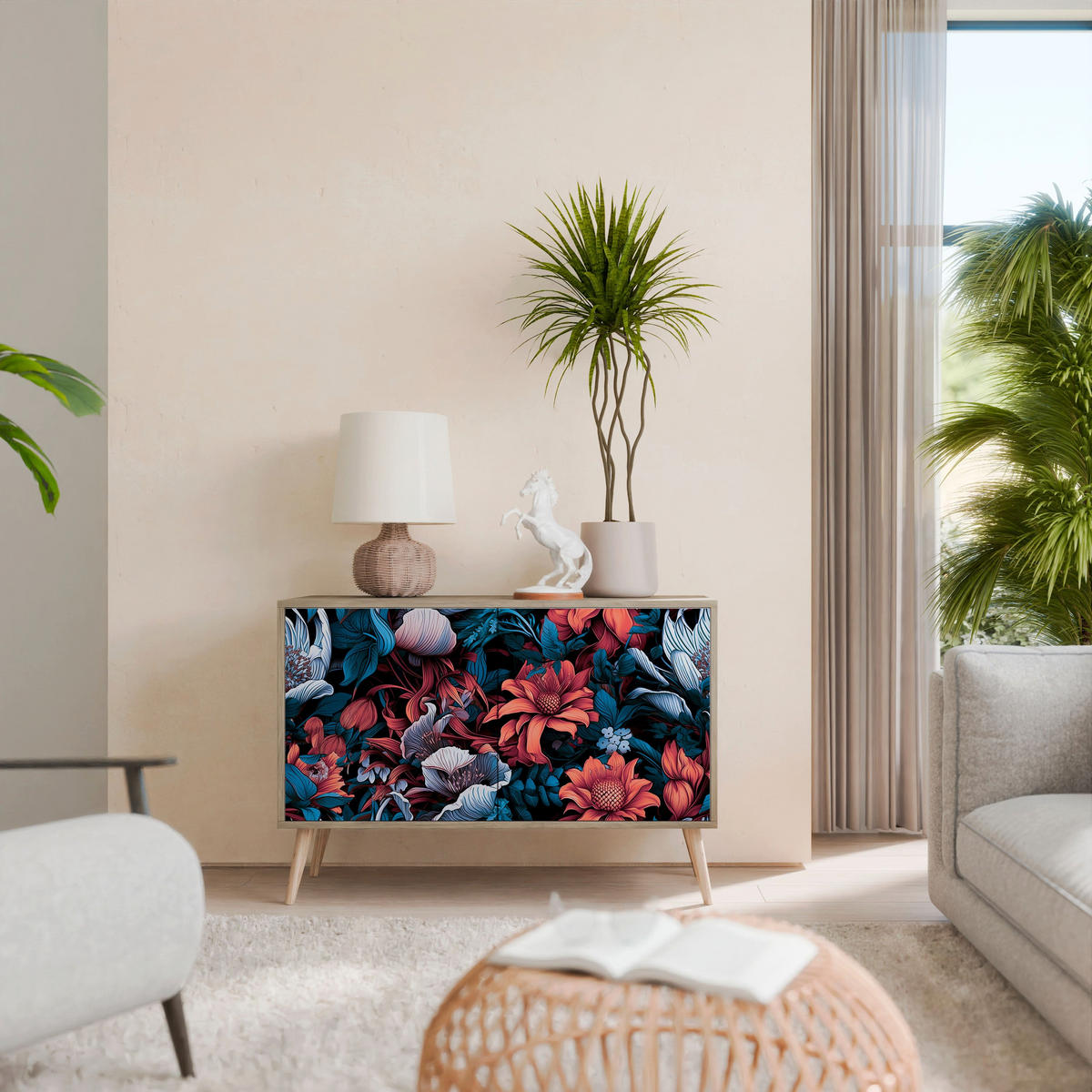 SIDEBOARD ETHEREAL BLOSSOMS, Eicheneffekt, 111x42x77,5 cm, 2 Türen - Eichefarben/Buchefarben, Holzwerkstoff/Buchenholz (111/77.5/42cm) - SpaceRebels