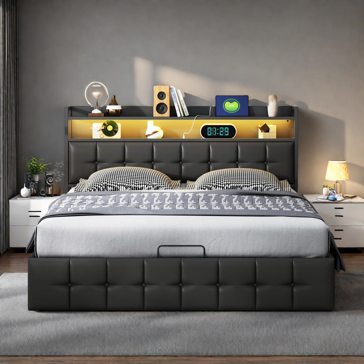 POLSTERBETT 140x200 cm LED Kopfteil Lattenrost PU Leder schwarz - Schwarz, Holz (140/200cm) - LEBENLANG