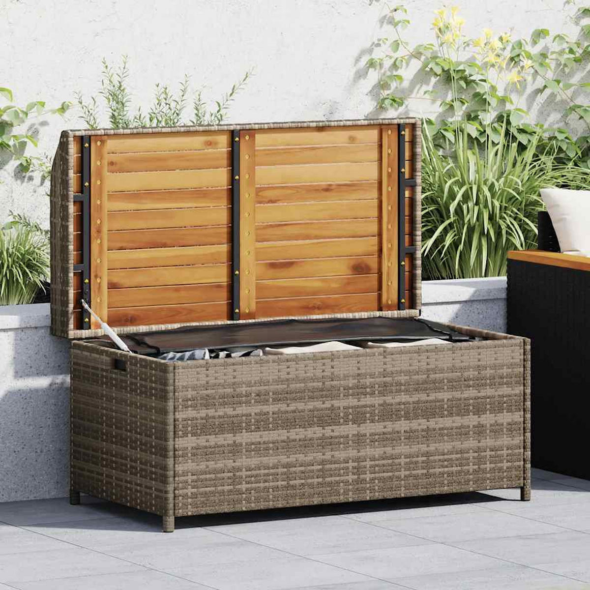 BANK Mit Stauraum Grau 100/50/52 Cm Poly Rattan Akazienholz - Grau, Kunststoff (50/52/100cm) - vidaXL
