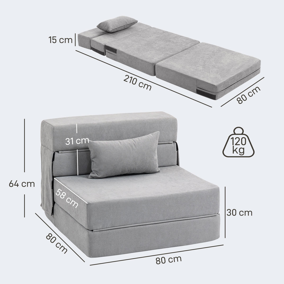 3 in 1 Schlafsessel, klappbares Schlafsofa mit Bettfunktion, Lendenkissen - Hellgrau, Kunststoff (80/15/210cm) - HOMCOM