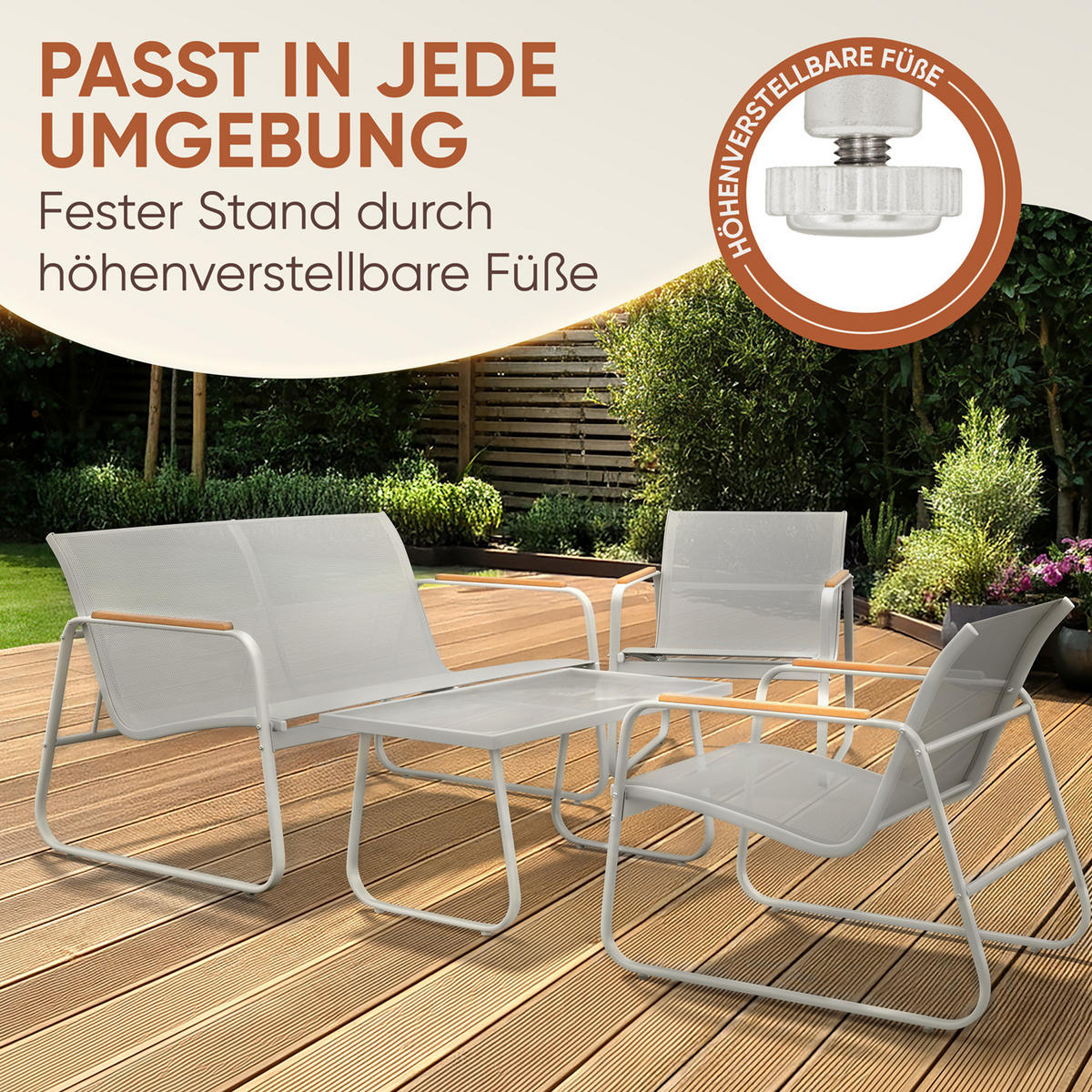 GARTENMÖBEL 4er Set, 2 Sessel 1 Tisch und 1 Bank, Grau - Grau, Metall - Blumtal