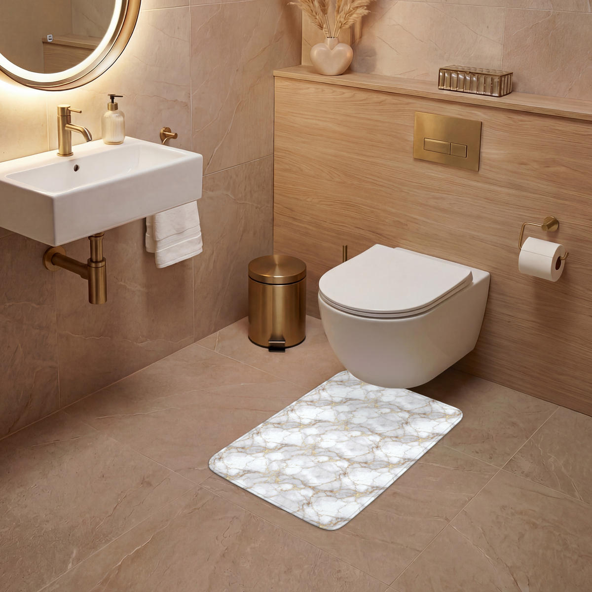 WC-VORLEGER Weiß - Gold - Marmor - Grau WC Teppich 40x60 cm - Weiß, Kunststoff/Textil (40/1cm) - OnlyWow