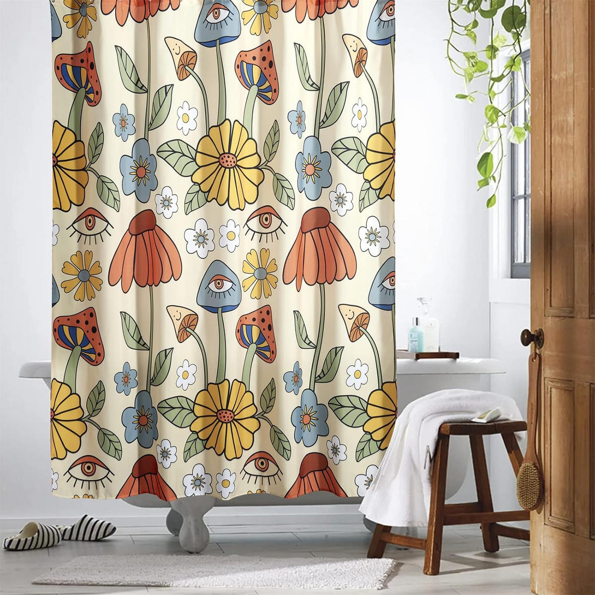 DUSCHVORHANG Champignon Boho Floral 180/180 cm Stoff mit 12 Haken - Ulmefarben, Kunststoff (180/180cm) - MCBOSON