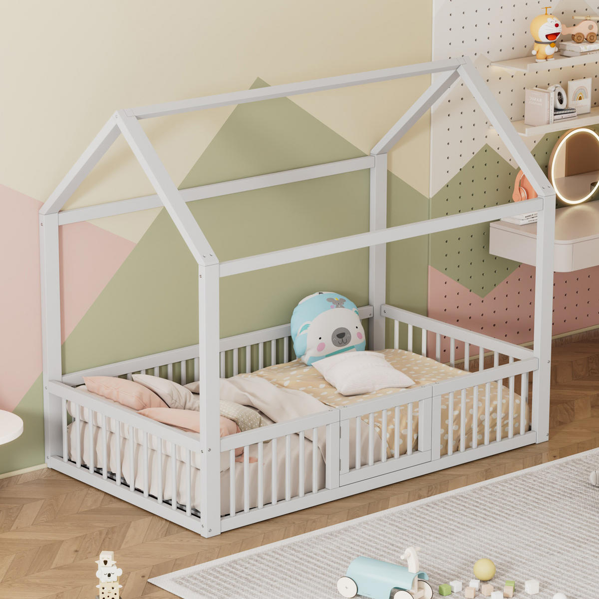 POSTELJA v obliki hiše 90/200 cm bela z varnostno ograjo in vratci iz bora in MDF - bela, les (90/200cm) - OKWISH