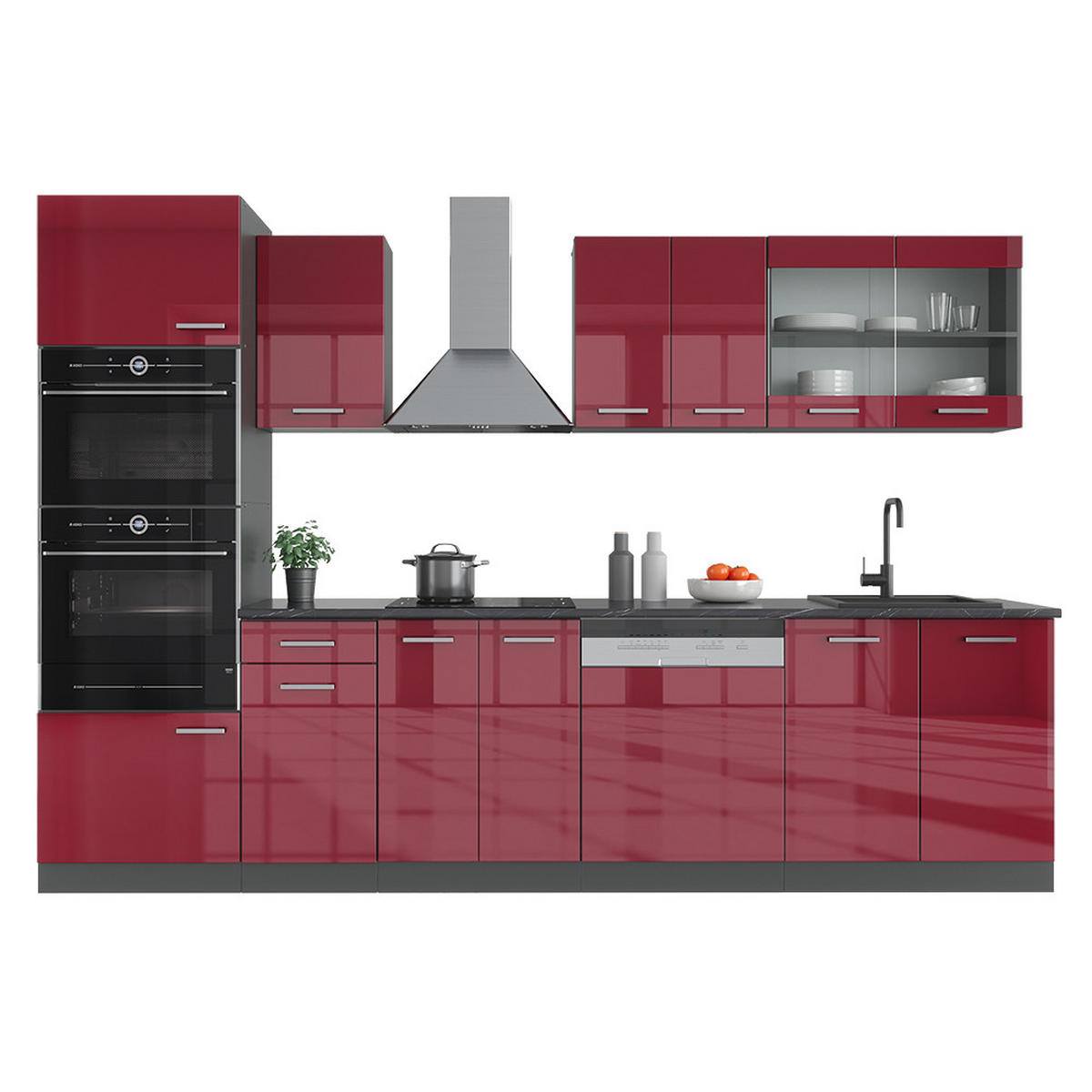 KÜCHENZEILE R-Line Rot Hochglanz/Anthrazit 300 cm mit Hochschrank, AP Eiche - Anthrazit/Rot, Holzwerkstoff (300/81.6/60cm) - Vicco