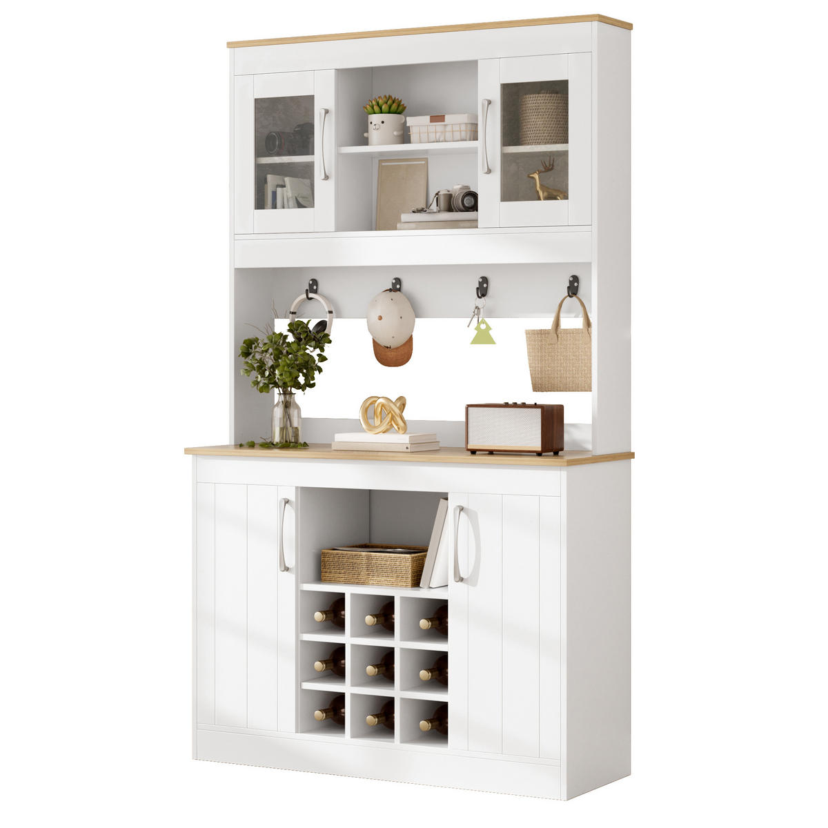 KÜCHENBUFFET 106x39x175 cm, Glastüren, Weinregal, Hakenleiste, Natur/Weiß - Naturfarben, Holzwerkstoff (106/175/39cm) - FOHERE