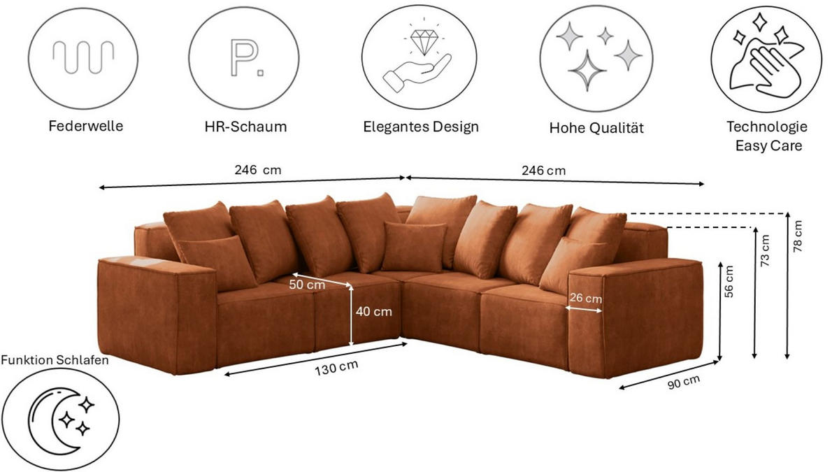 ECKSOFA Corner Ella Stoff Noel Velours Orange - Orange, Holz/Textil (246/246cm) - Kaiser Möbel