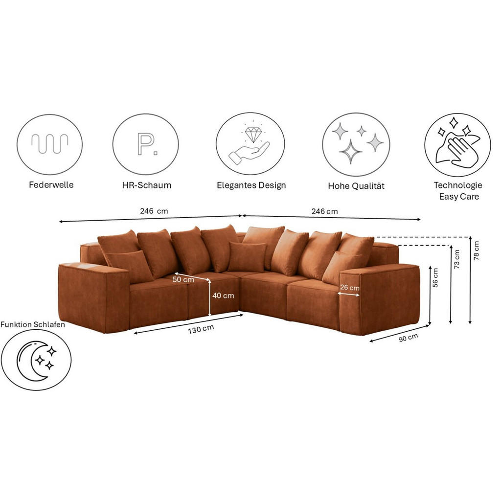 Thumbnail - Kaiser Möbel Ecksofa, Orange, Textil, einzeln stellbar,L-Form, 246x246 cm, Wohnzimmer, Sofas & Couches, Wohnlandschaften...
