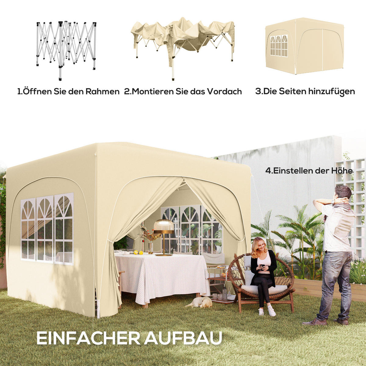 PAVILLON 3x3 m mit 4 Seitenteilen sandfarben - Beige, Metall (300/273/300cm) - ComfortXL