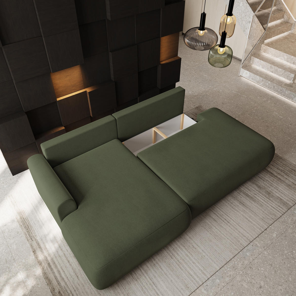 ECKSOFA NUVIRA CL L-S Olivgrün Samtstoff mit Schlaffunktion - Olivgrün, Holzwerkstoff/Textil (279/158cm) - MASSENO