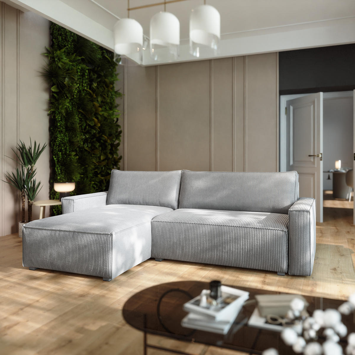 ECKSOFA BESMIR Hellgrau Kordstoff mit Schlaffunktion - Hellgrau, Holz (275/148cm) - MASSENO