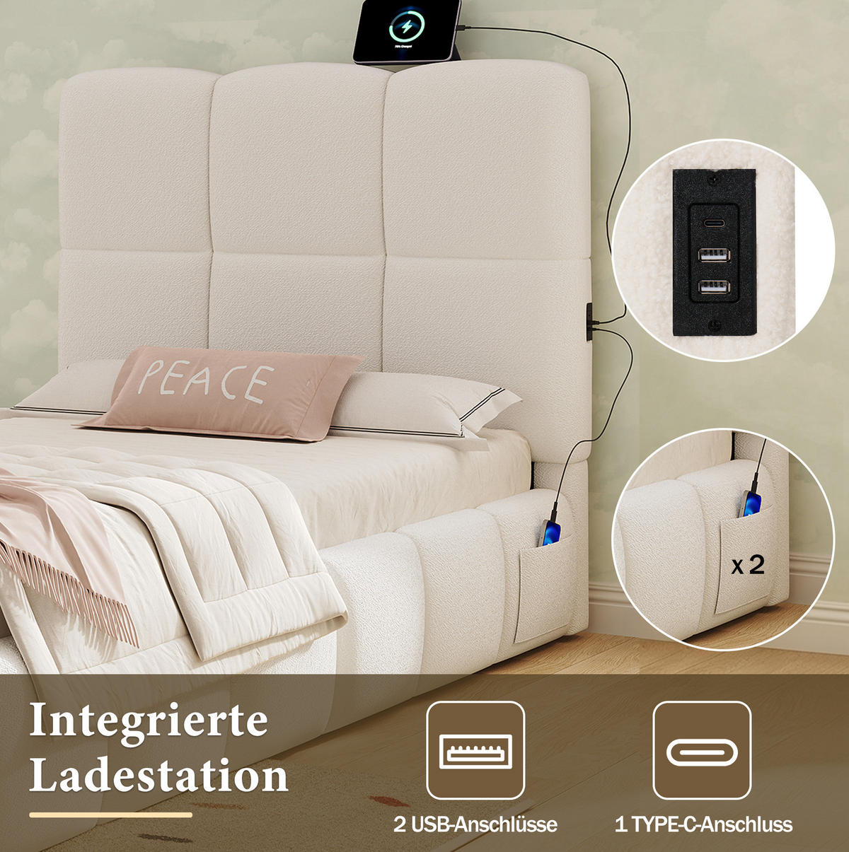 KINDERBETT 90/200 cm aus Bouclé mit Stauraum und USB-C-Anschluss Beige - Beige, Textil (90/200cm) - Modenvie