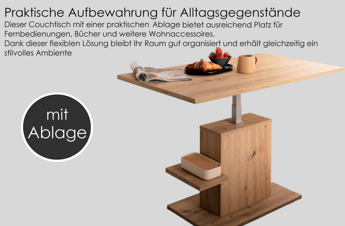 COUCHTISCH rechteckig stufenlos höhenverstellbar Ablage 110/65/54 cm - Eiche Artisan, Holzwerkstoff (65/110/54cm) - designimpex