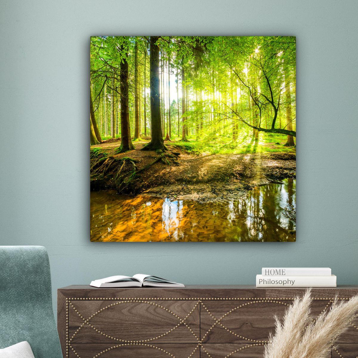 LEINWANDBILD Wald - Landschaft - Wasser - Bäume - Sonne - Grün - Natur 90x90 cm - Grün, Textil (90/90cm) - MuchoWow