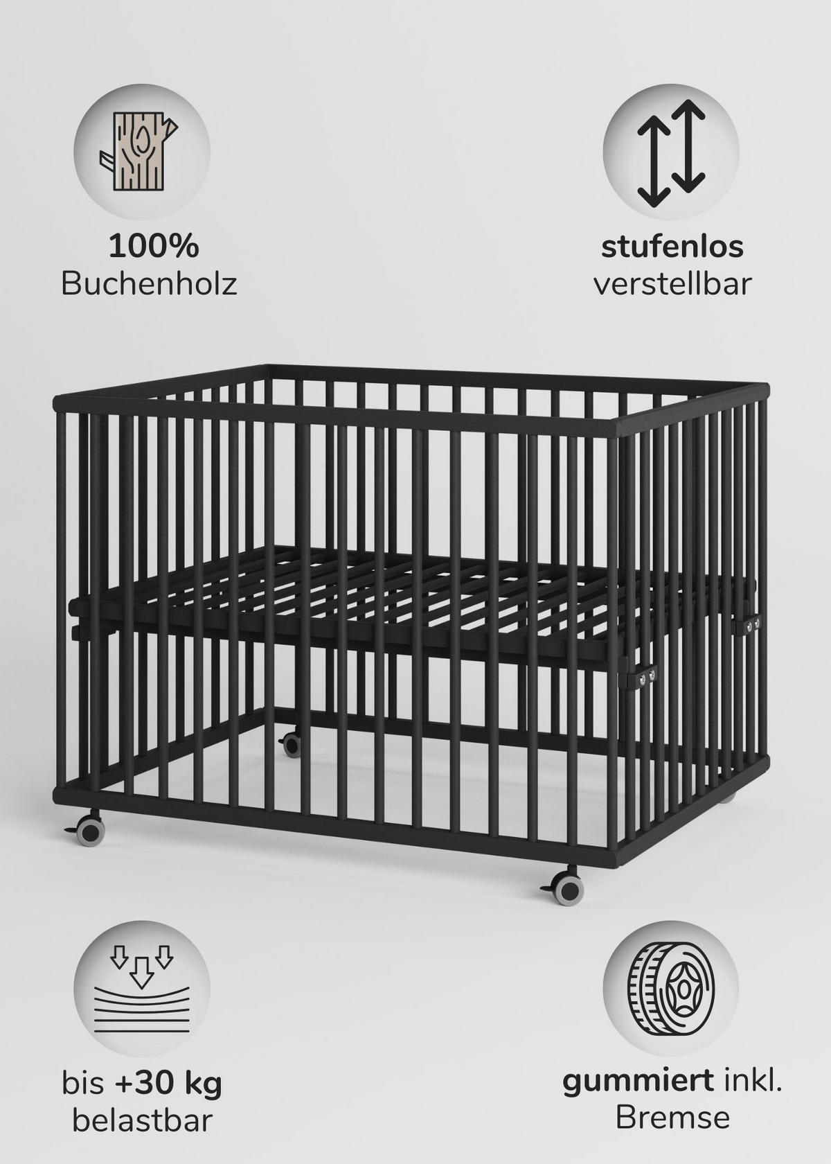 LAUFGITTER 75x100 cm mit Matratze Cloud Air, Schlupfsprossen & Lattenrost - Black Edition - Premium Kollektion - Schwarz, Holz (100/74/75cm) - Sämann – make a difference.