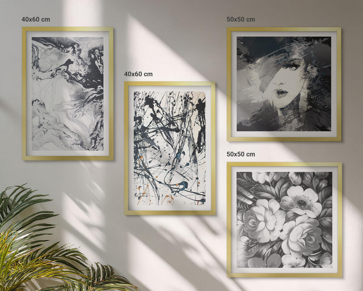 BILDER SET 4er Set - 50x50 cm & 40x60 cm Goldrahmen - Abstrakte schwarz-weiße Muster - Goldfarben, Kunststoff (50/50cm) - TULUP