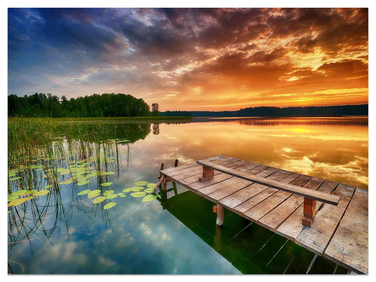 FOTOTAPETE für Wohnzimmer Sonnenuntergang See Steg Bäume 100x70 - Gelb/Beige, Papier (100/70cm) - Muralo