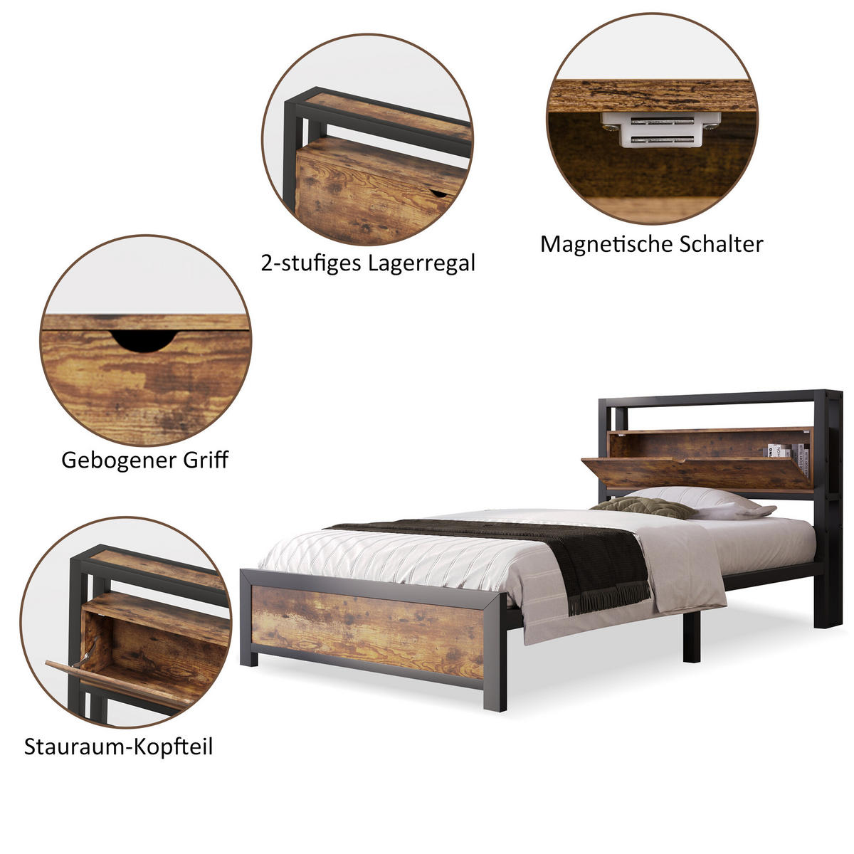 EINZELBETT Schwarz 100/220/95 cm - Schwarz, Metall - Urban Meuble