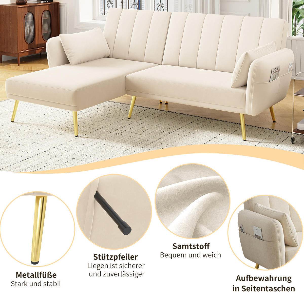 ECKSOFA, Samt mit Schlaffunktion & verstellbarer Rückenlehne, 191,5/130,5/80 cm, Beige - Beige, Textil (130.5/191.5cm) - Redom