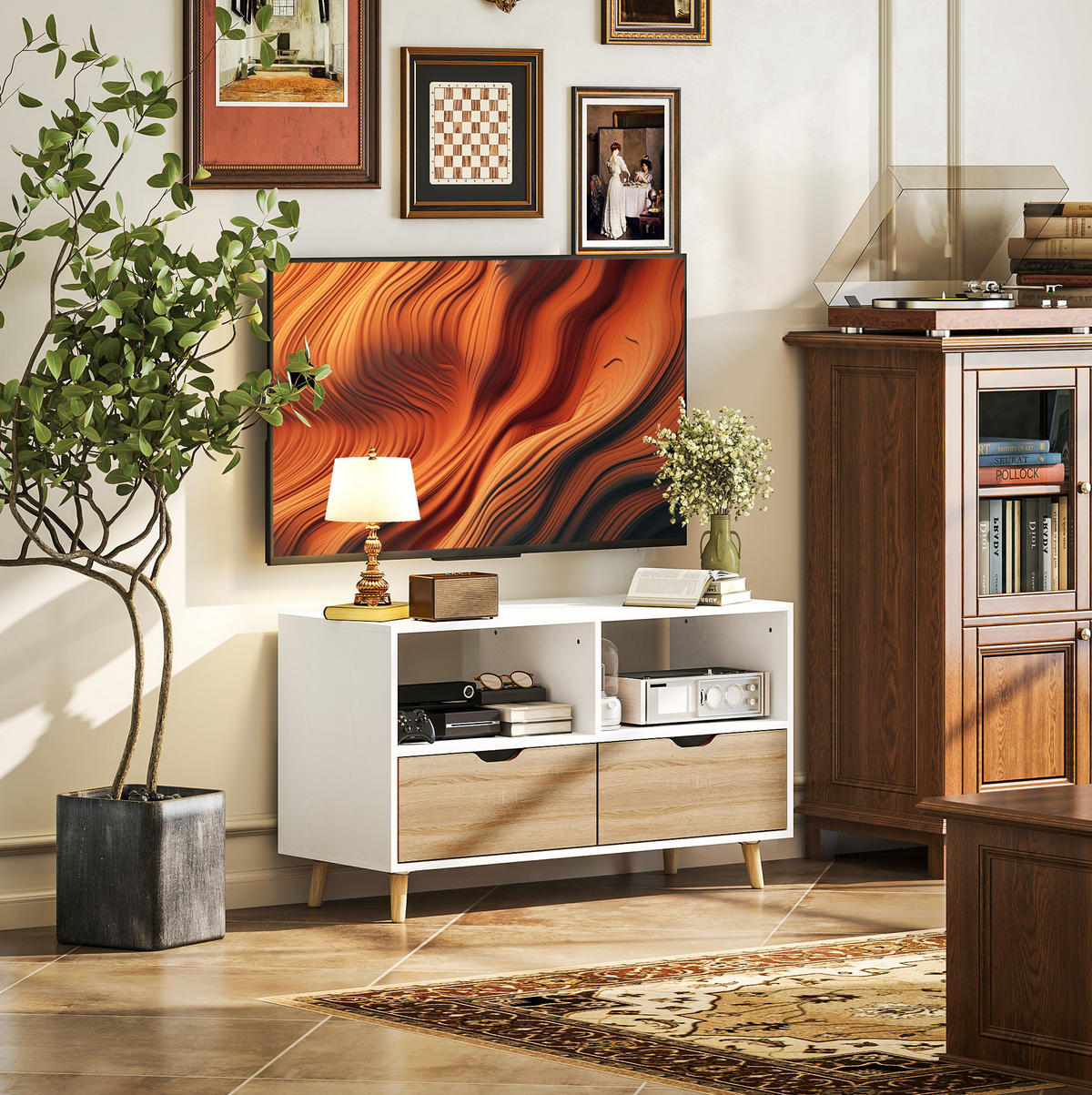 TV-LOWBOARD 99/39/58 cm weiß aus Holz mit 2 Schubladen - Weiß, Holzwerkstoff (99/58.3/39cm) - OKWISH