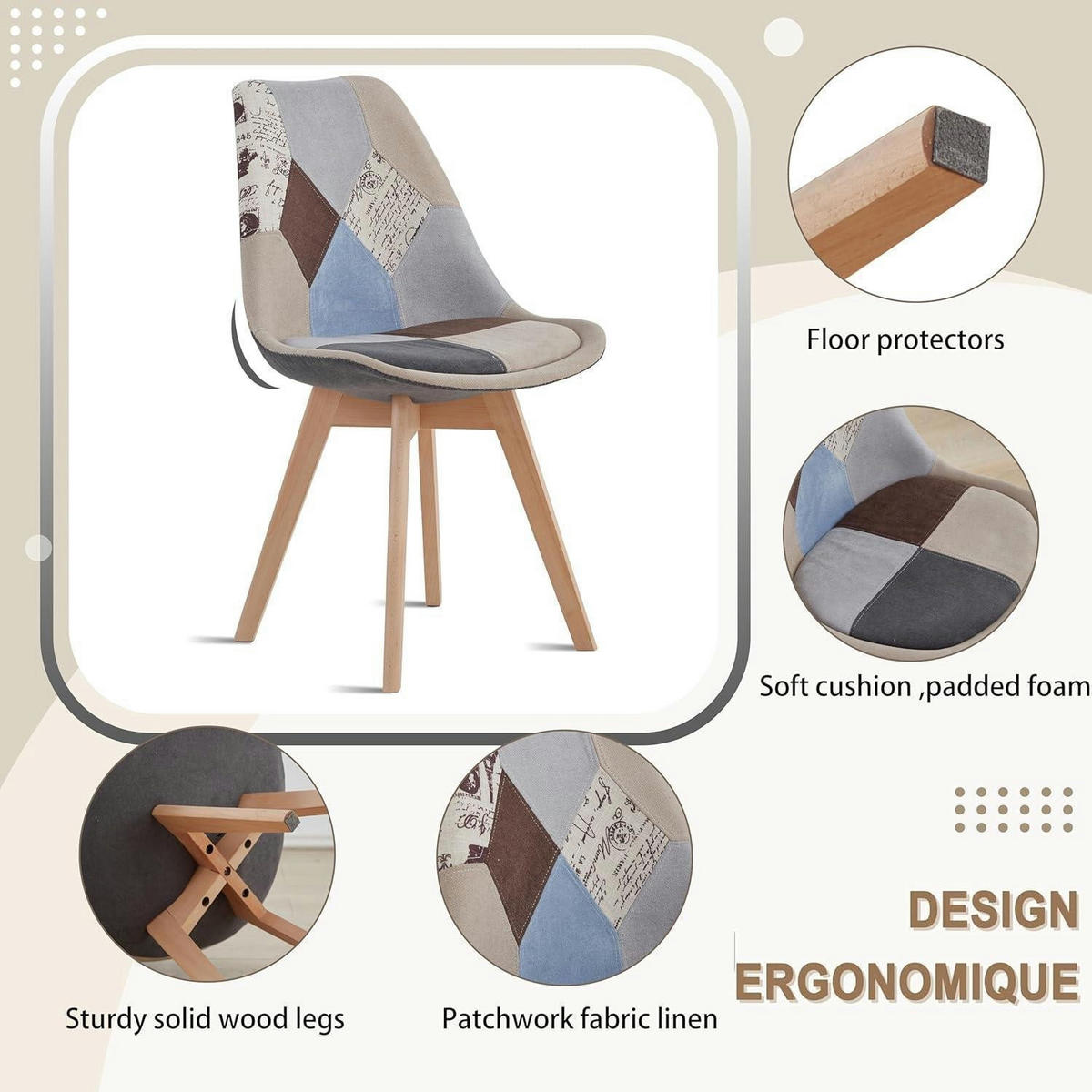 ESSZIMMERSTUHL 4-teiliges Set Patchwork Braun Stoff Massivholzbeine - Multicolor, Textil (49/83/42cm)