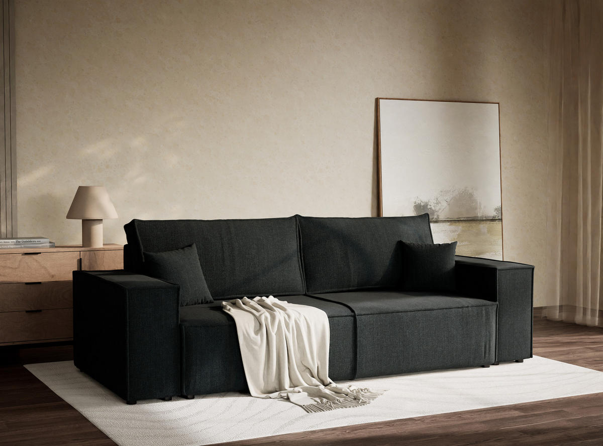 ROZKLÁDACÍ POHOVKA Milos, textil, tmavě modrý - černá/tyrkysová, dřevo/kompozitní dřevo (255/70/105cm) - Maison de Reve