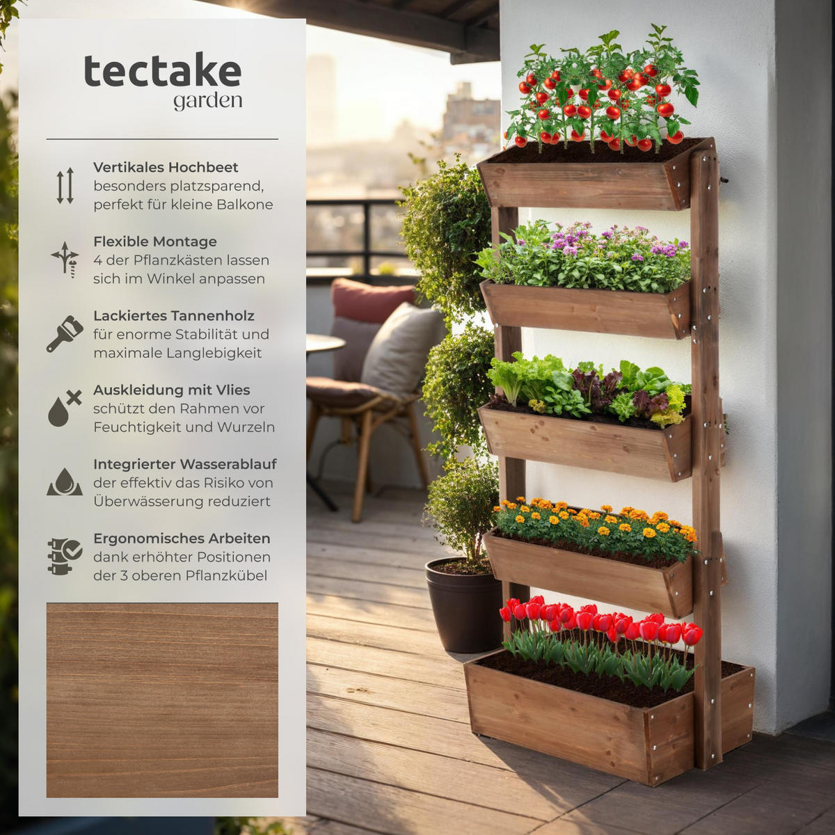 VERTIKALBEET Flora,inklusive Pflanzvlies, 81 x 52 x 180 cm,braun - Braun, Holz (81/180/52cm) - tectake