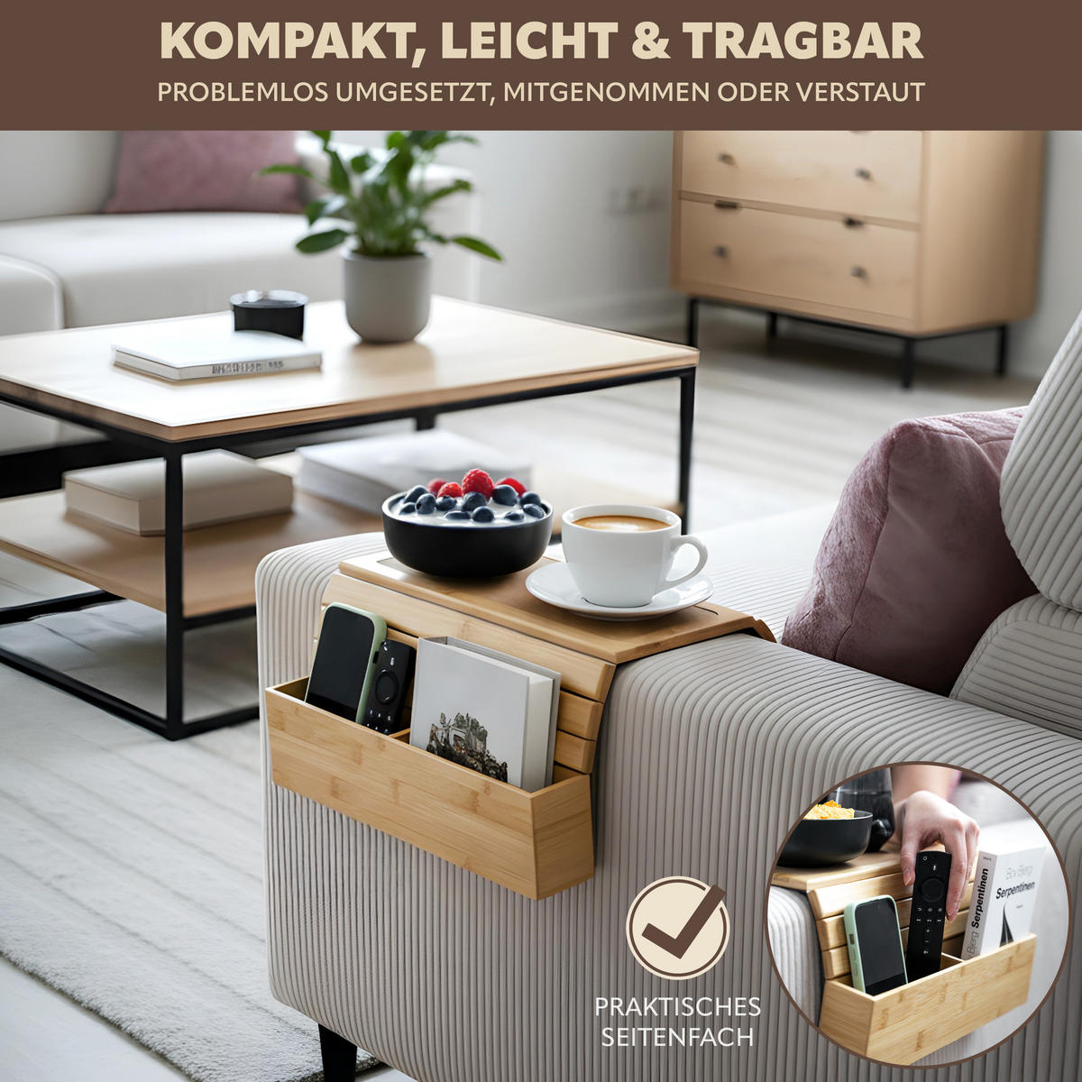 ARMLEHNEN-SOFATABLETT mit seitlichen Fächern, rutschfeste Korkablage, Bambus - Naturfarben, Naturmaterialien (47/6/34cm) - eluno