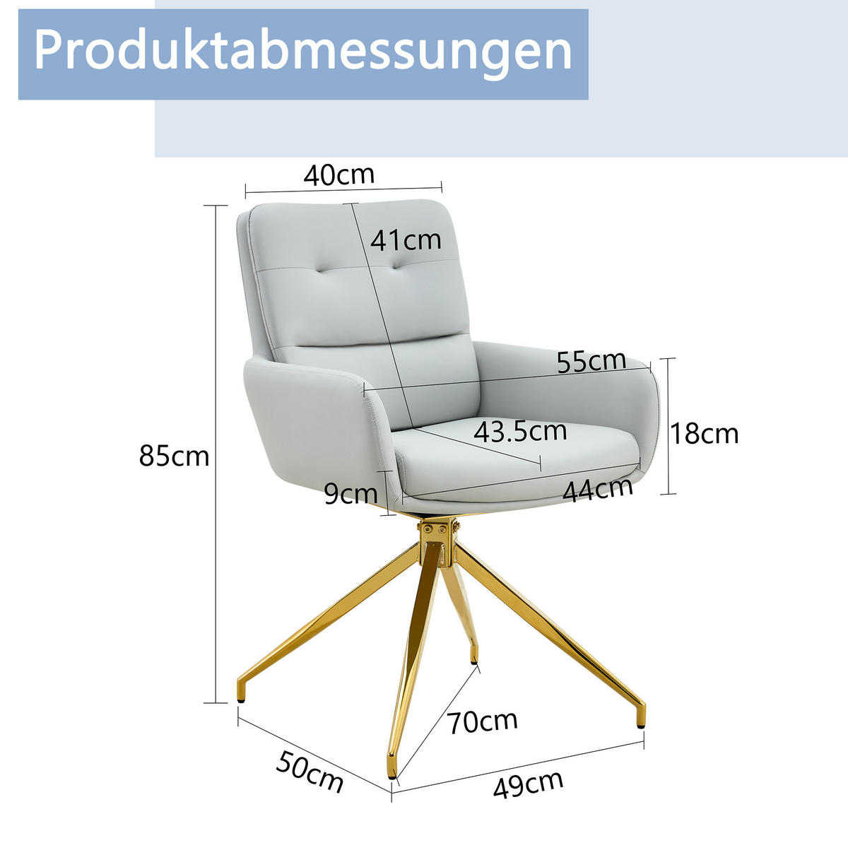 DREHSTUHL 2er-Set 360° drehbar Höhe 85 cm PU Hellgrau Goldfarben - Hellgrau, Metall (50/85/55cm) - Meubliv