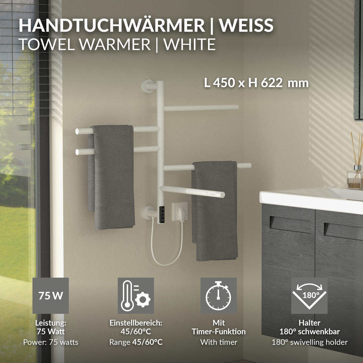 HANDTUCHWÄRMER Elektrisch Weiß 75W 450x622 mm 180° drehbar - Weiß, Metall (45/62.2/3cm) - LuxeBath