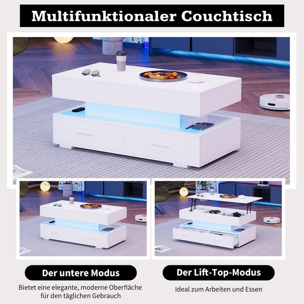 COUCHTISCH 100x50cm Hydraulisch Höhenverstellbar Weiß LED Bluetooth - Weiß, Holz (109/58/13.5cm) - FLIEKS