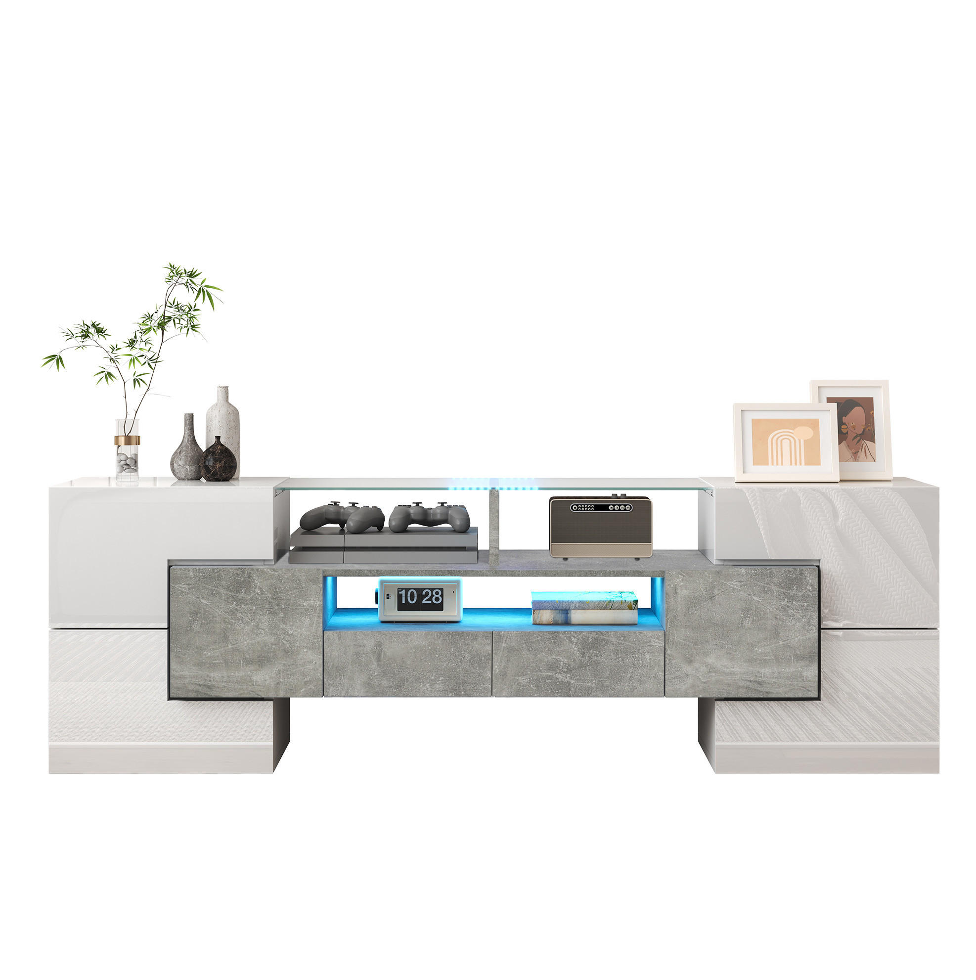 TV-LOWBOARD aus Holzwerkstoff 145x30x51 cm Weiß/Beton mit LED-Beleuchtung und viel Stauraum - Weiß, Holzwerkstoff (145/51/30cm) - Modfu