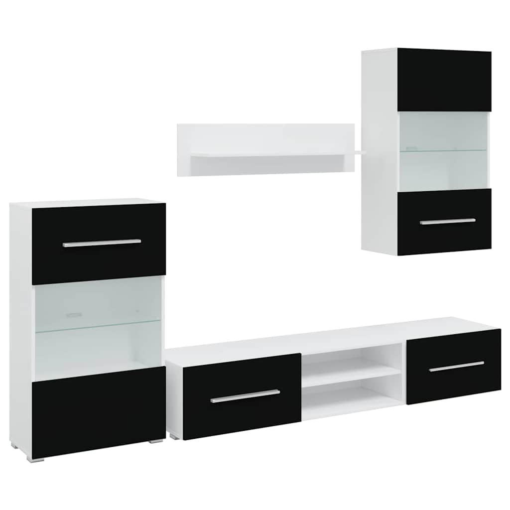 WOHNWAND 5-teilig mit Led-Beleuchtung 240 cm aus Holzwerkstoff in Schwarz, Weiß - Schwarz, Holz (240/195/40cm) - vidaXL