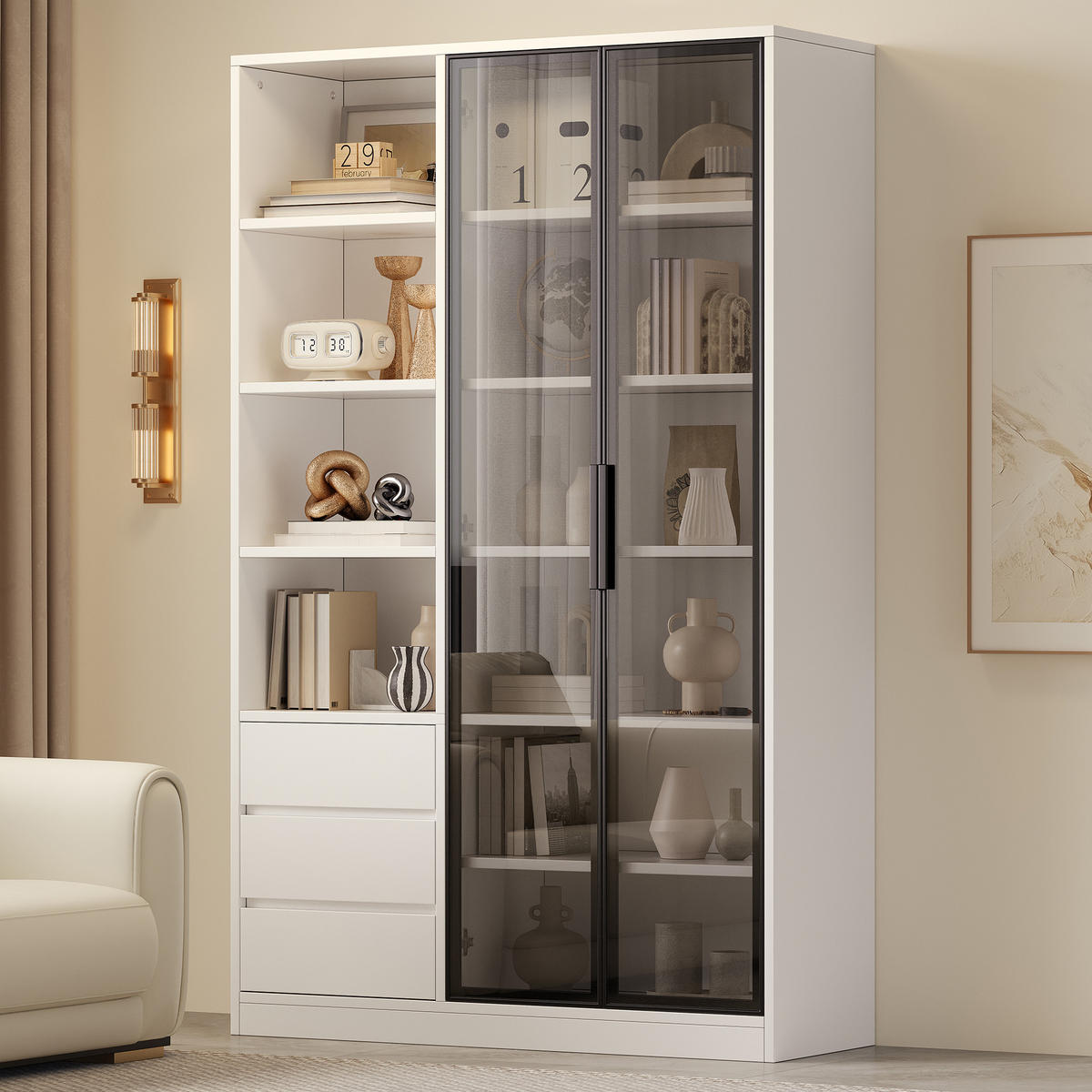 HOCHSCHRANK Weiß mit LED, 3 Schubladen und Glastüren - Weiß, Holzwerkstoff (100/160/35cm) - FLIEKS