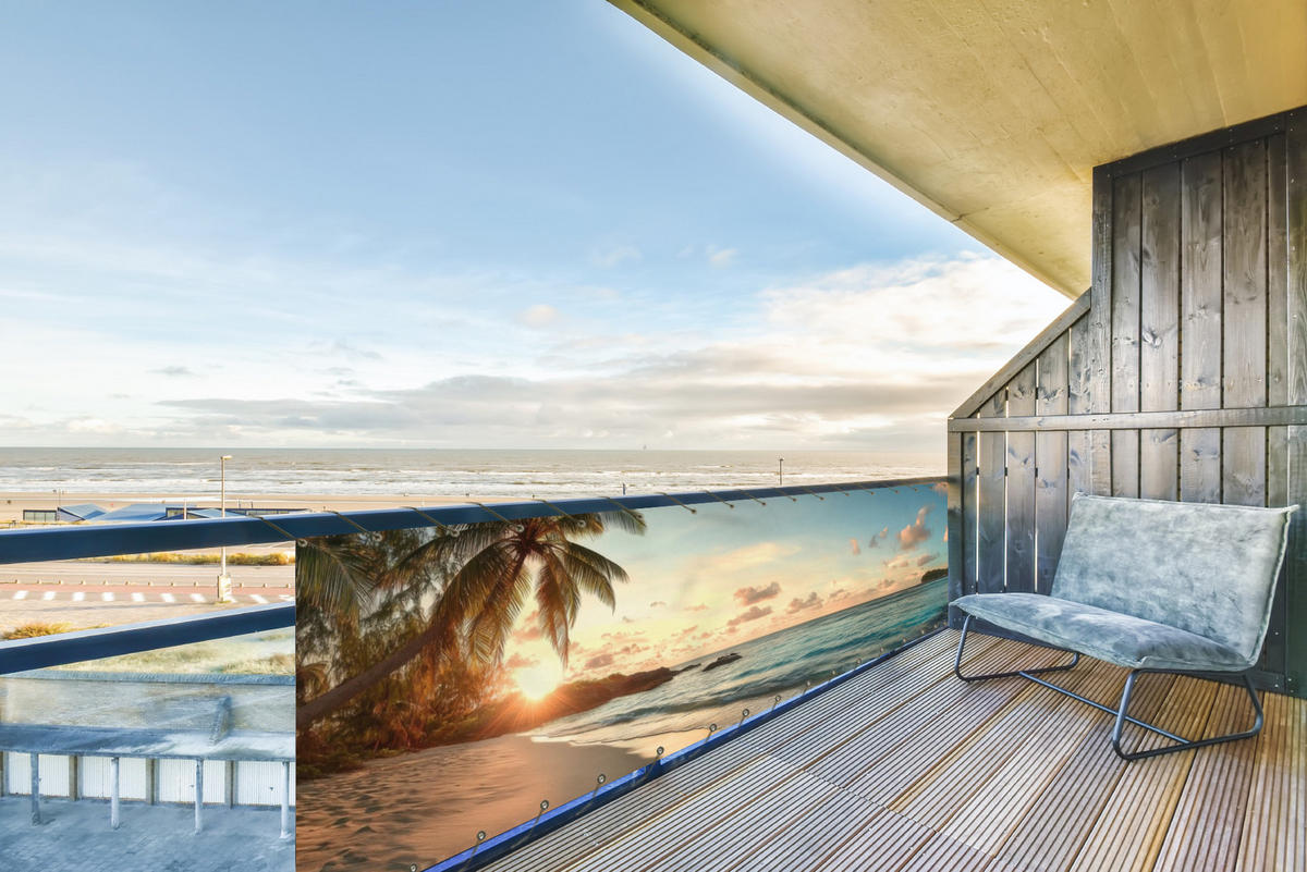 BALKON-SICHTSCHUTZ Strand - Palmen - Meer - Sonnenuntergang 500x130 cm - Samtahornfarben, Kunststoff (500/130cm) - MuchoWow